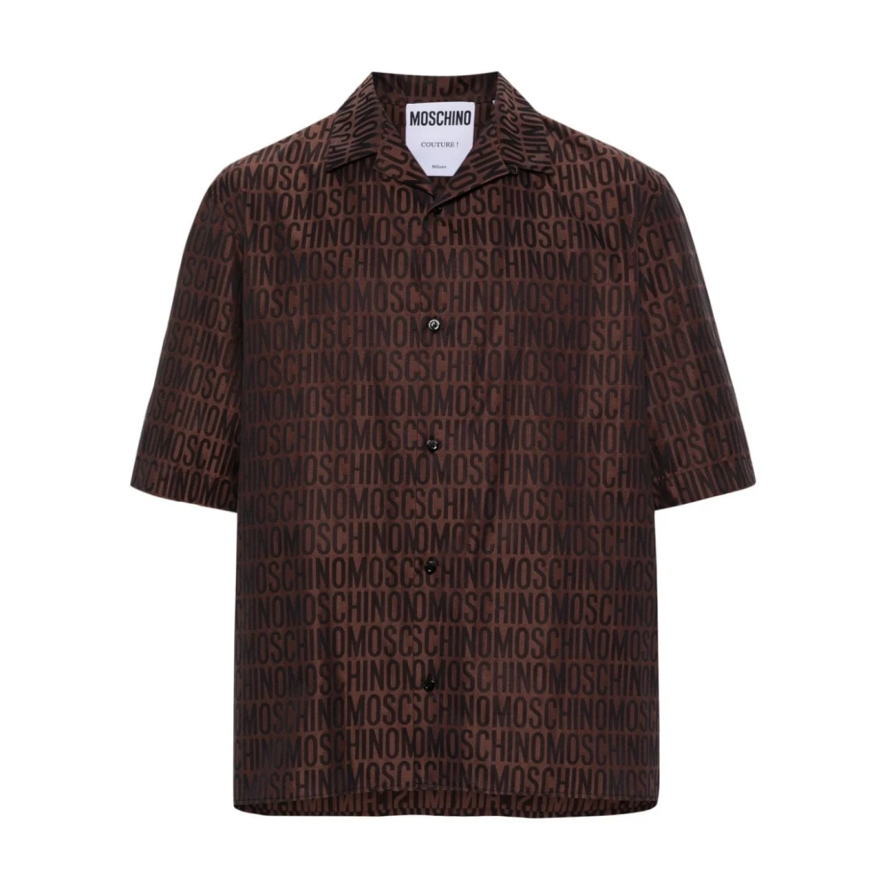 Moschino Bruine Logo-Jacquard Camp Collar Shirt Brown Heren