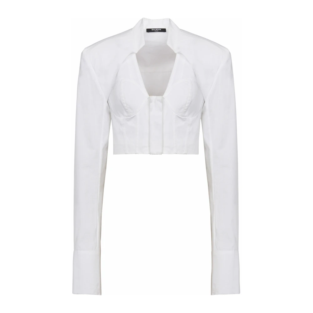 Balmain Women's White Blouses, Xs, Cropped Cotton Shirt