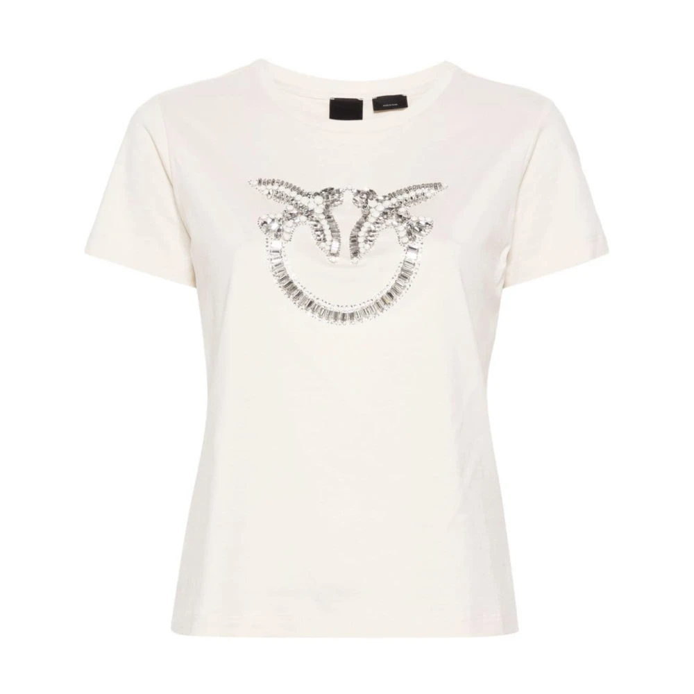 Pinko Beige Love Birds Geborduurd T-shirt Beige Dames