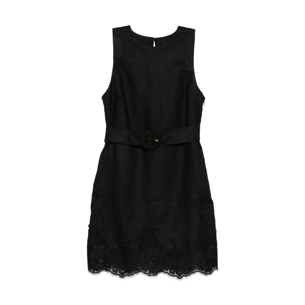 Twinset Women's Black Short Linen Dress With Lace - Short Dresses - L - Dresses