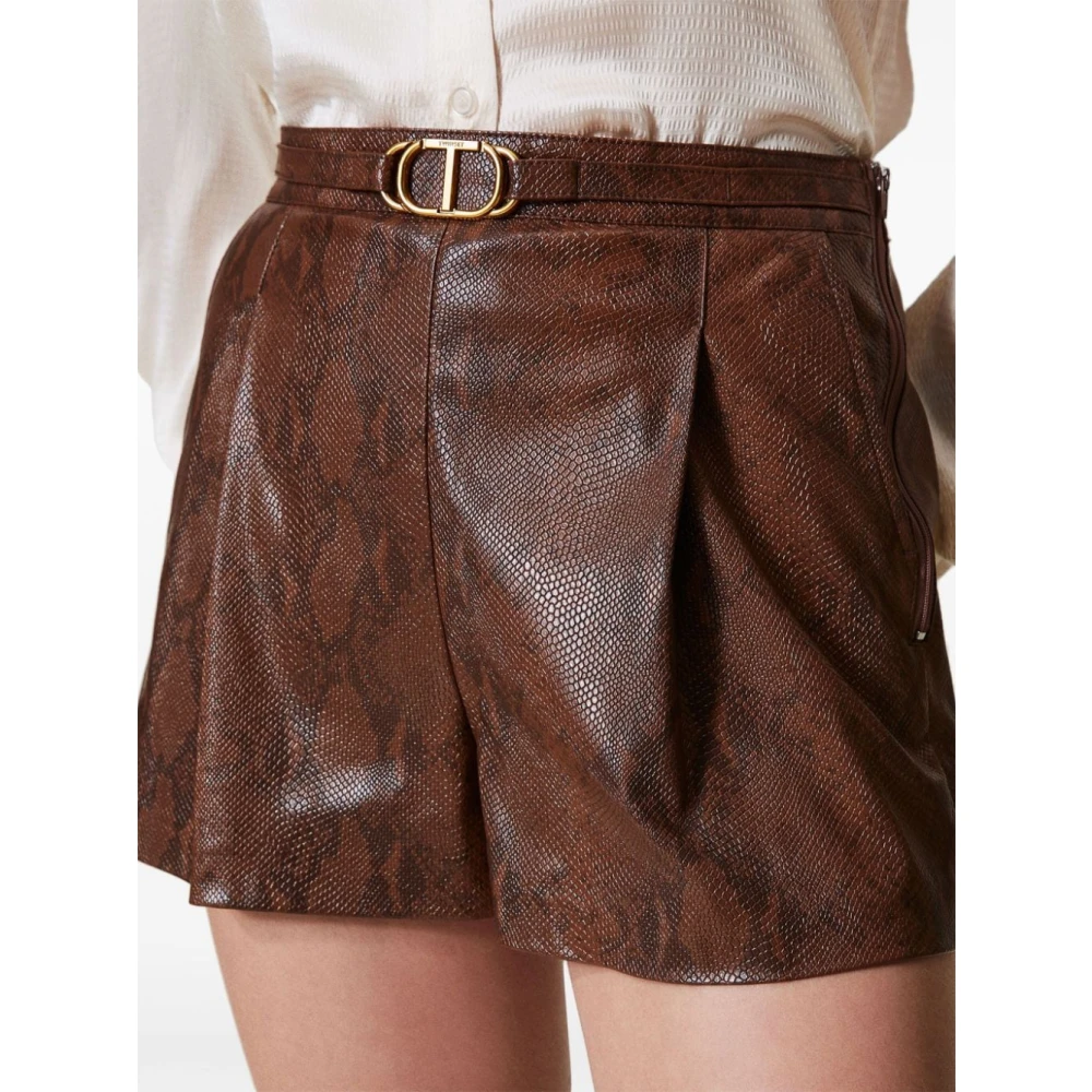 Twinset Bruine Shorts van Imitatieleer met Hagedis-Huideffect Brown Dames