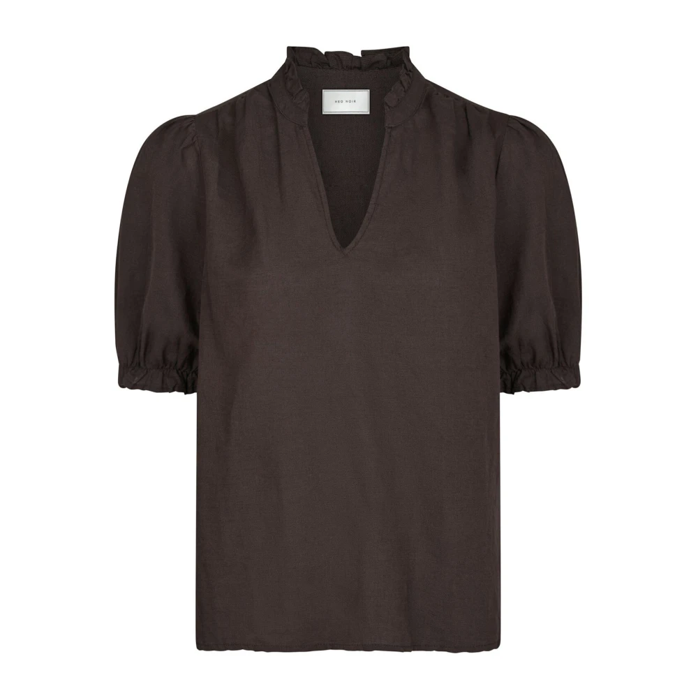 Neo Noir Brown Blouses, Female, L, Dark Blouse With Puff Sleeves