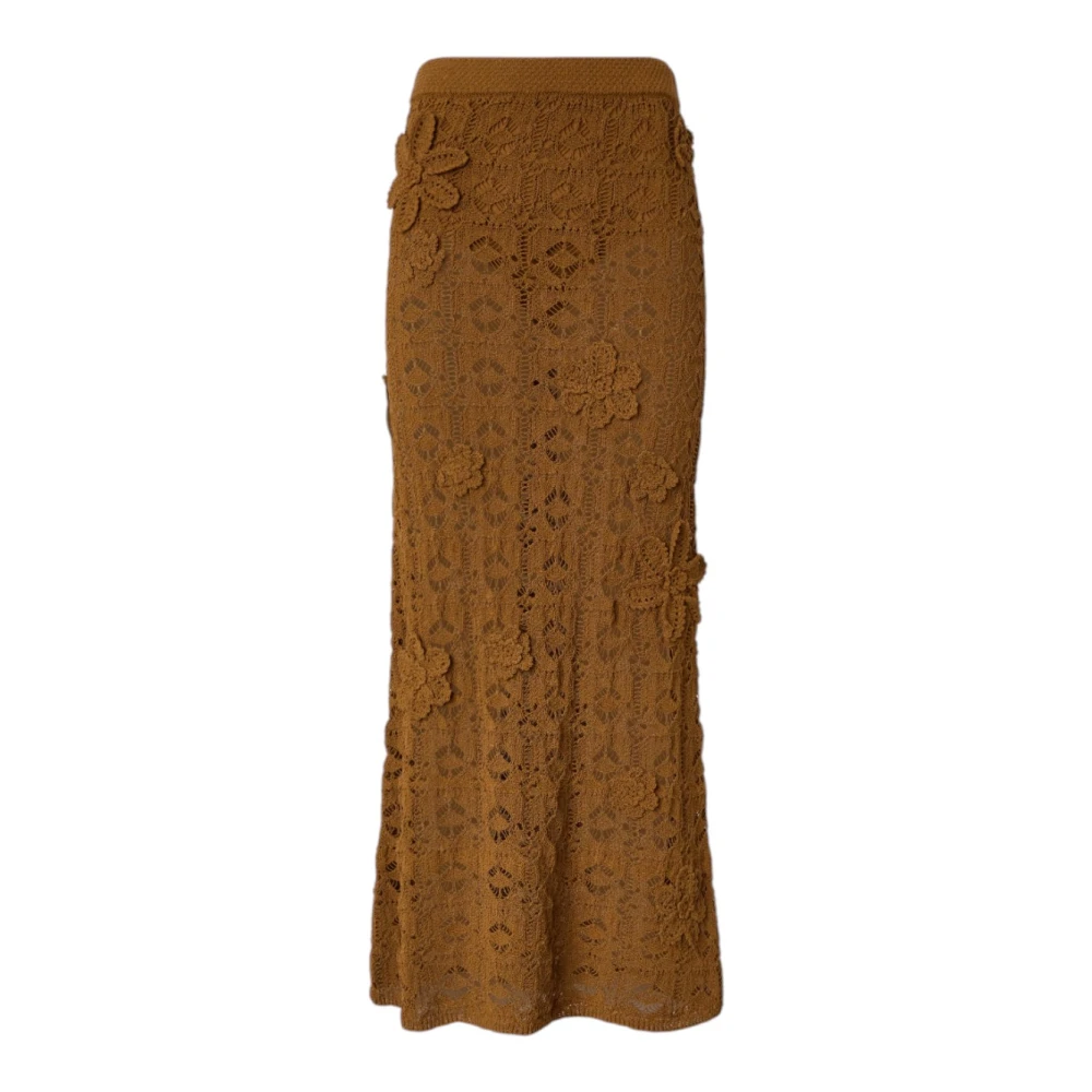 Pinko Women's Brown Maxi Skirts, S, Midi Crochet Skirt With Applied Flowers