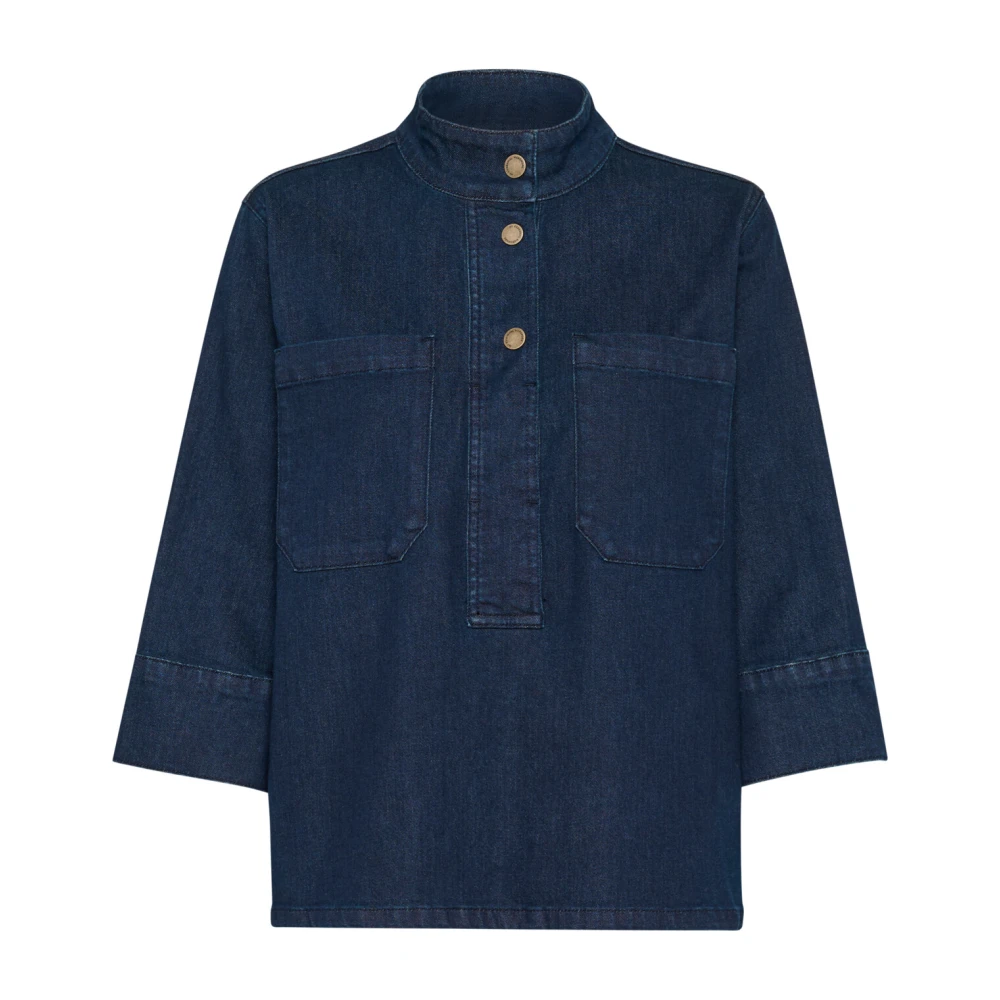 My Essential Wardrobe Denim blouse met ¾ mouwen en borstzakken Blue Dames