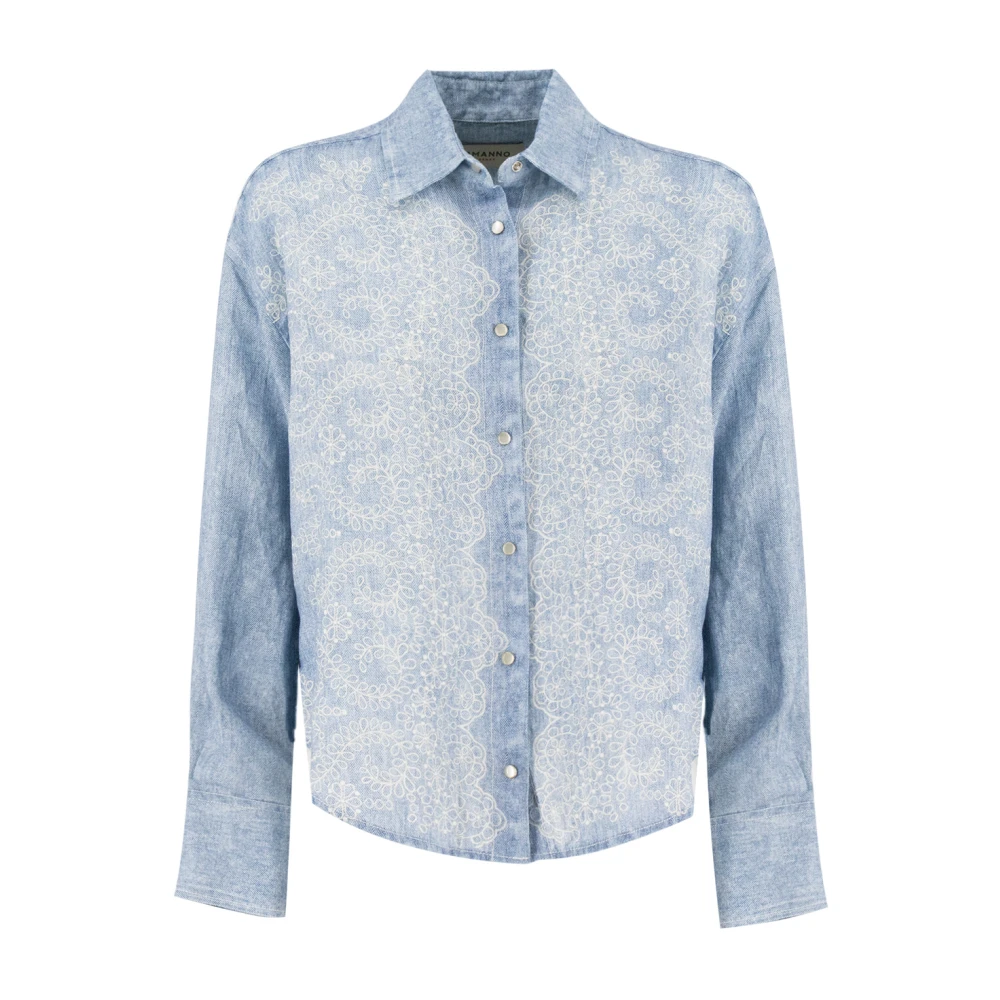 Ermanno Scervino Denim-effect Linnen Overhemd met Kantapplicaties Blue Dames