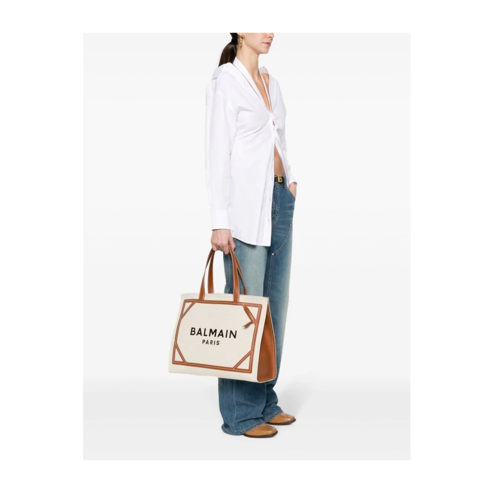 Balmain Bruin Leren Tote Tas met Logo Brown Dames