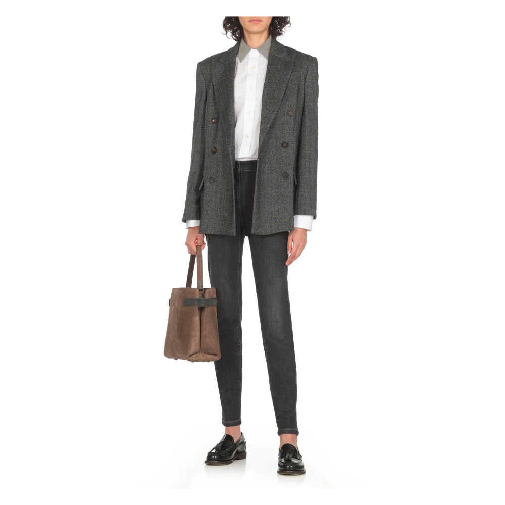 BRUNELLO CUCINELLI Grijze Wol Dubbel-Borst Jas Herringbone Gray Dames
