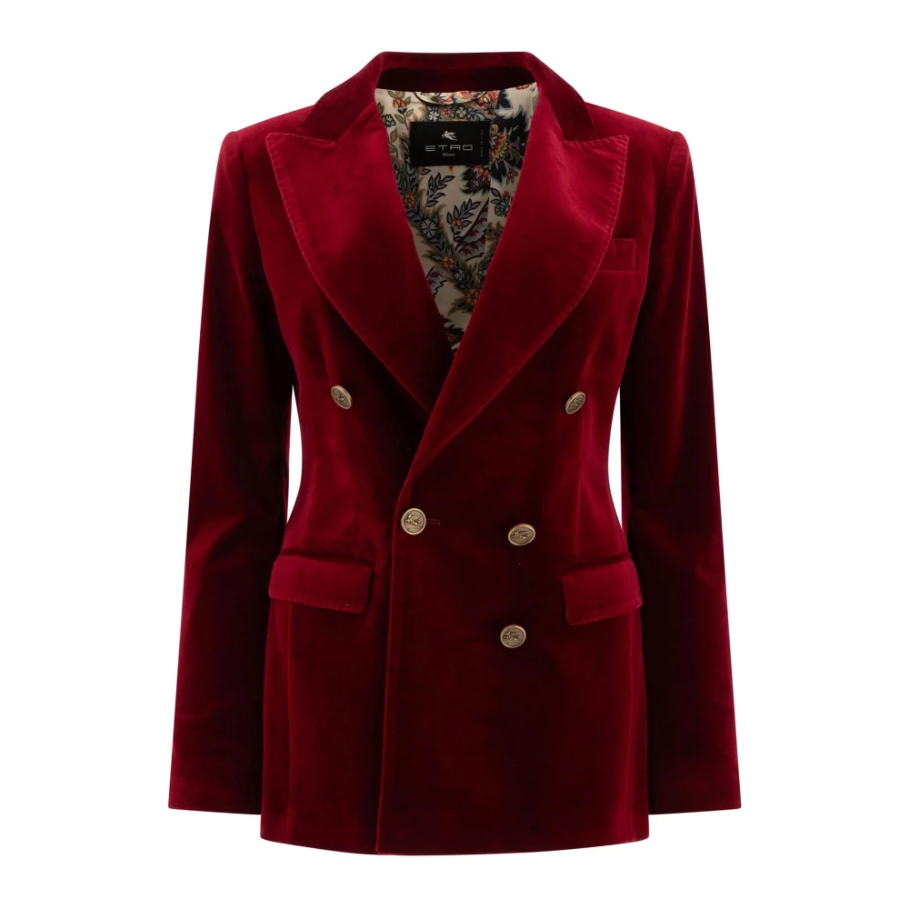 ETRO Fluwelen Double-Breasted Blazer Geëtste Knopen Red Dames