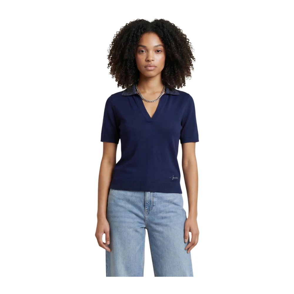 Guess Women's Blue V-Neck Wool Polo Shirt With Short Sleeves