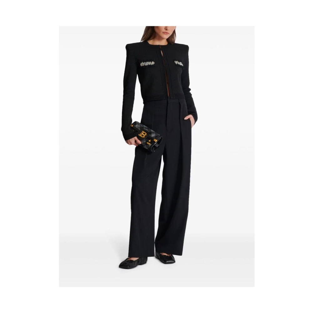 Balmain Zwarte Kristalversierde Gebreide Trui Black Dames