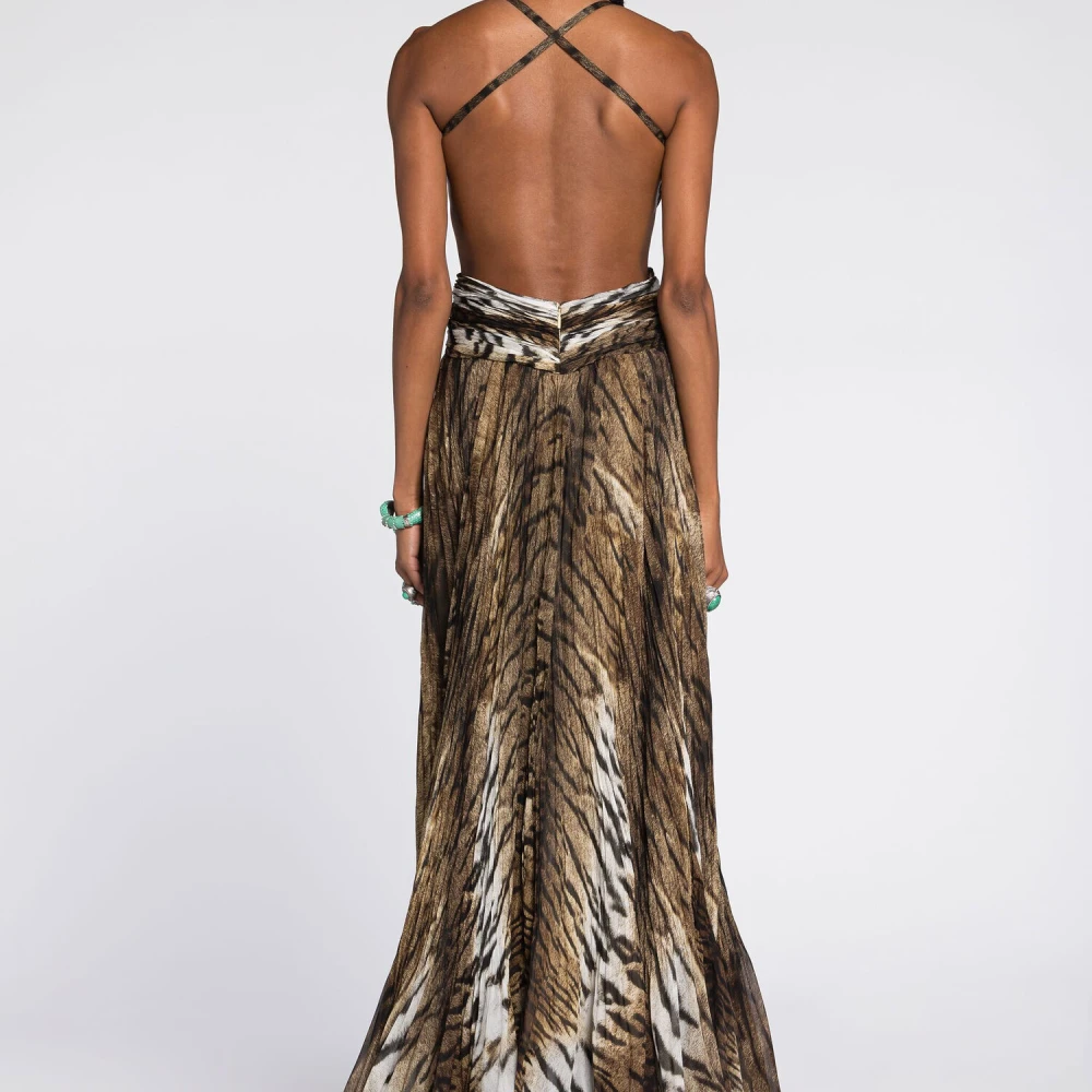 Roberto Cavalli Tijgerprint Maxi Zijden Jurk Multicolor Dames