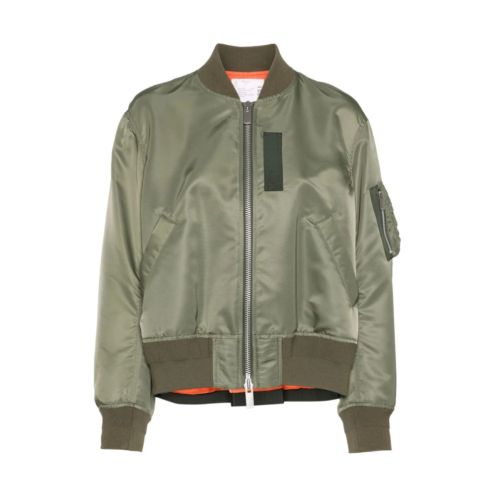 Sacai Khaki Geribbelde Kraag Jas Green Dames