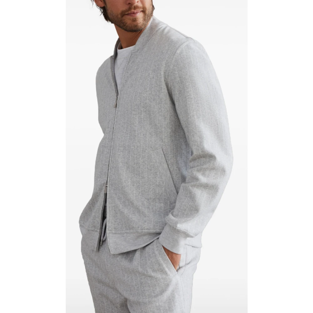 BRUNELLO CUCINELLI Gestreepte Jersey Baseball Kraag Rits Pak Gray Heren