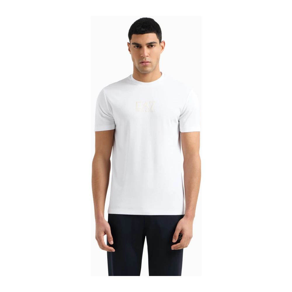 Emporio Armani EA7 Minimalistisch Wit T-shirt met Goud Logo White Heren