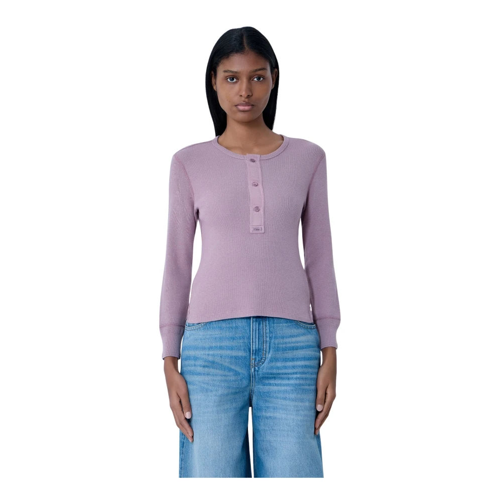 Chloé Women's Purple Henley T-Shirt - Round-Neck Knitwear - Xs - Knitwear