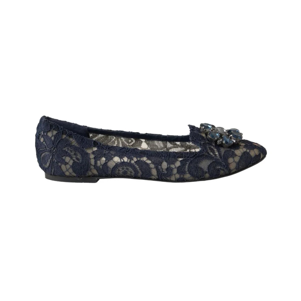 Dolce & Gabbana Women's Blue Ballerina Shoes, 11 Uk, Crystal Embellished Floral Lace Flat Shoes