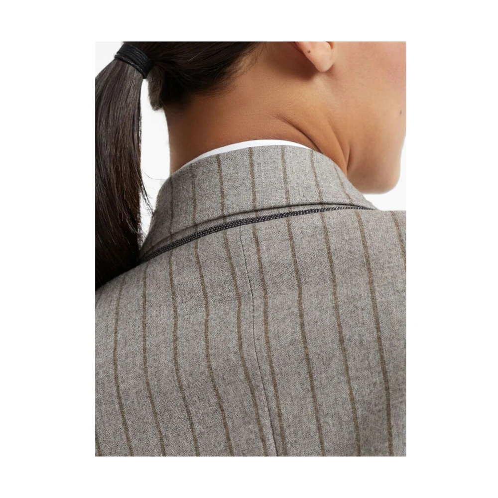BRUNELLO CUCINELLI Taupe Wol Pinstripe Jas met Ketting Gray Dames