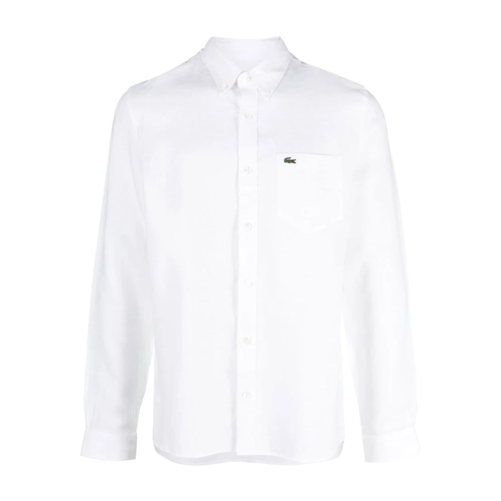 Lacoste Mannelijk Wit Overhemden Heren, 3XL, Linnen, Te Geborduurde Logo Linnen Rok