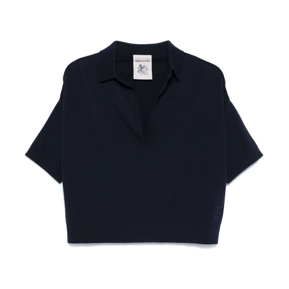Semicouture Blauwe V-hals Drop Shoulder T-shirt Blue Dames