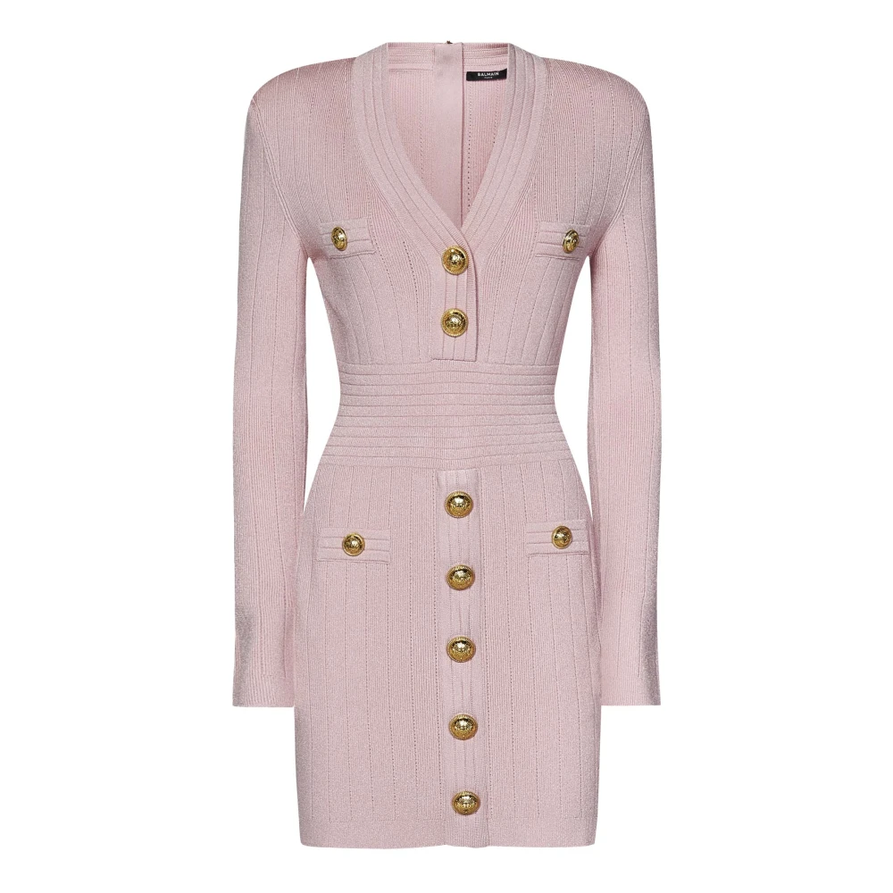 Balmain Roze Geribbelde Minijurk met Gouden Knopen Pink Dames