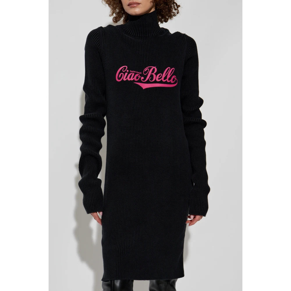 Balenciaga Ciao Bello Ribgebreide Turtleneck Jurk Black Dames