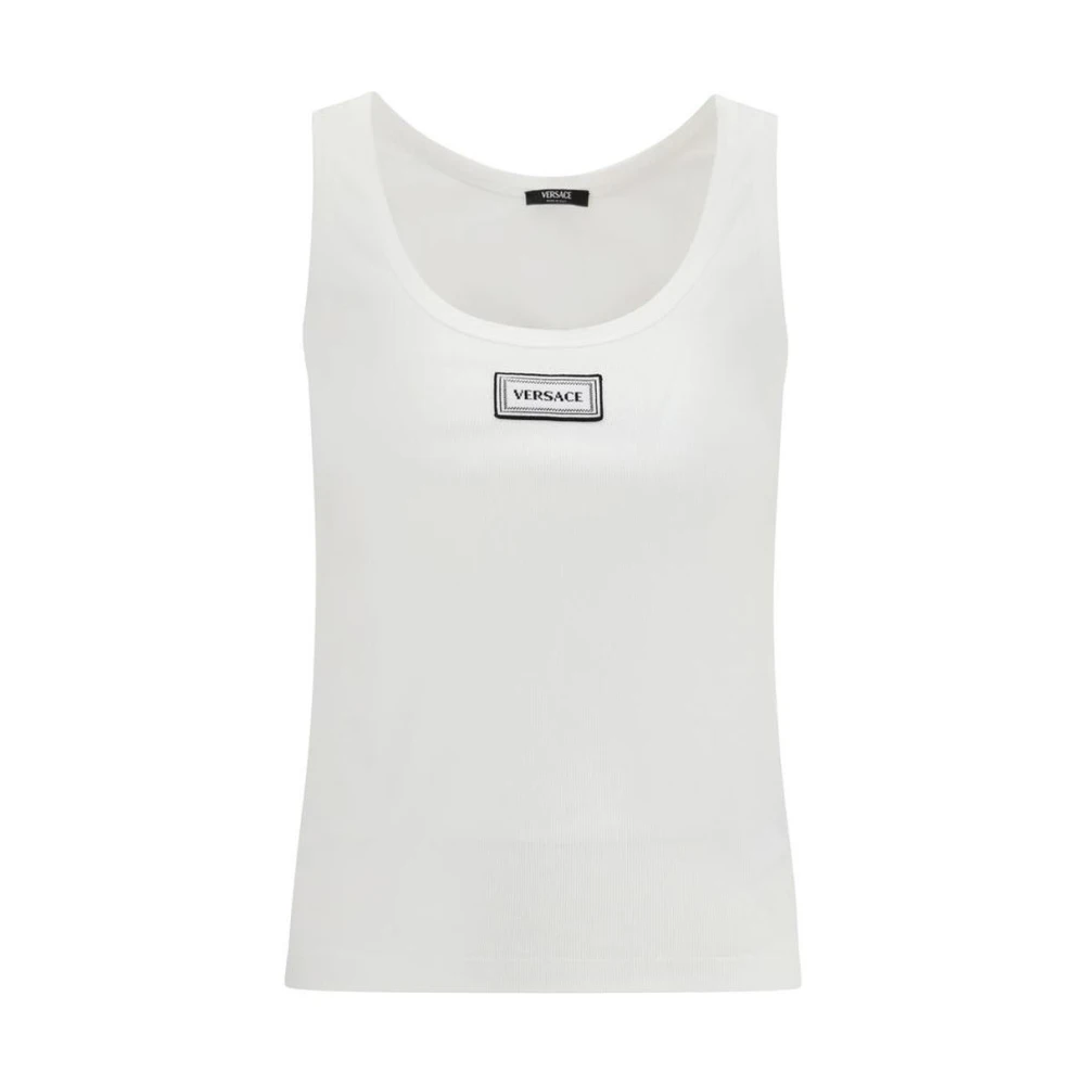 Versace Women's White Cotton Casual Top With Crew Neck - Sleeveless Tops - S - Tops
