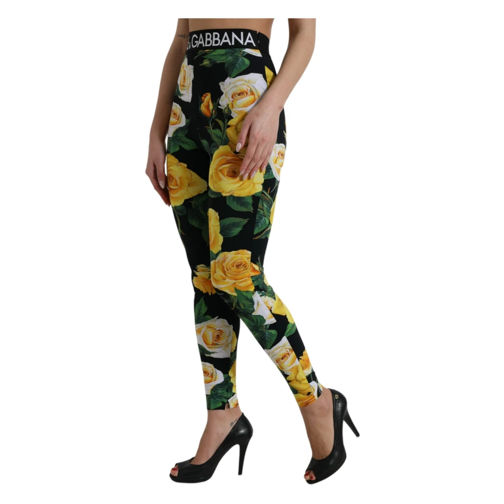 Dolce & Gabbana Zwarte Bloemen Hoge Taille Leggings Broek Multicolor Dames