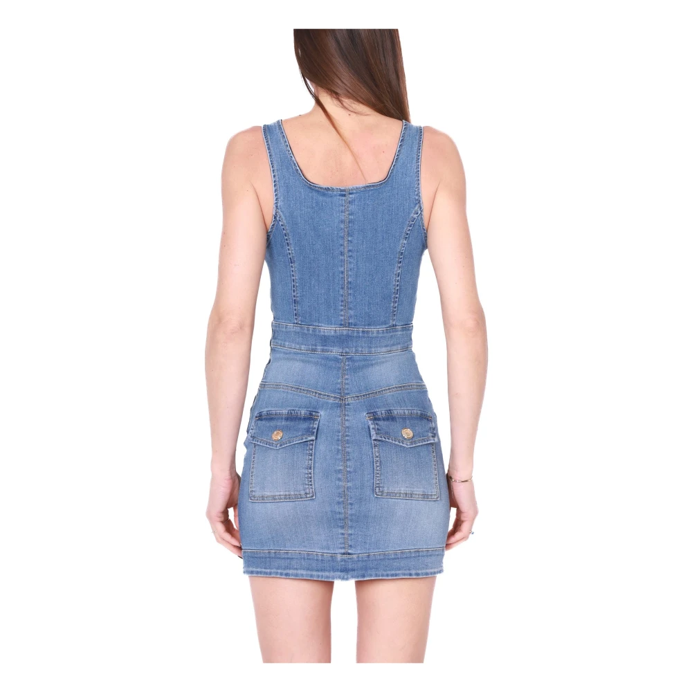 Elisabetta Franchi Blauwe Stretch Denim Mouwloze Mini Jurk Blue Dames
