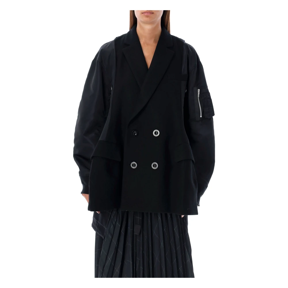 Sacai Zwarte Melton Hybrid Jas Buitenkleding Black Dames