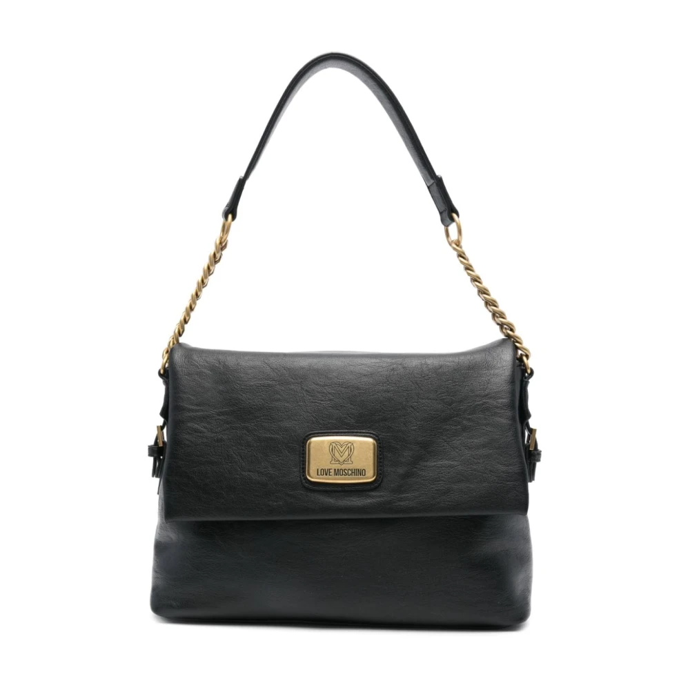 Love Moschino Zwarte leren schoudertas met gouden logo Black Dames