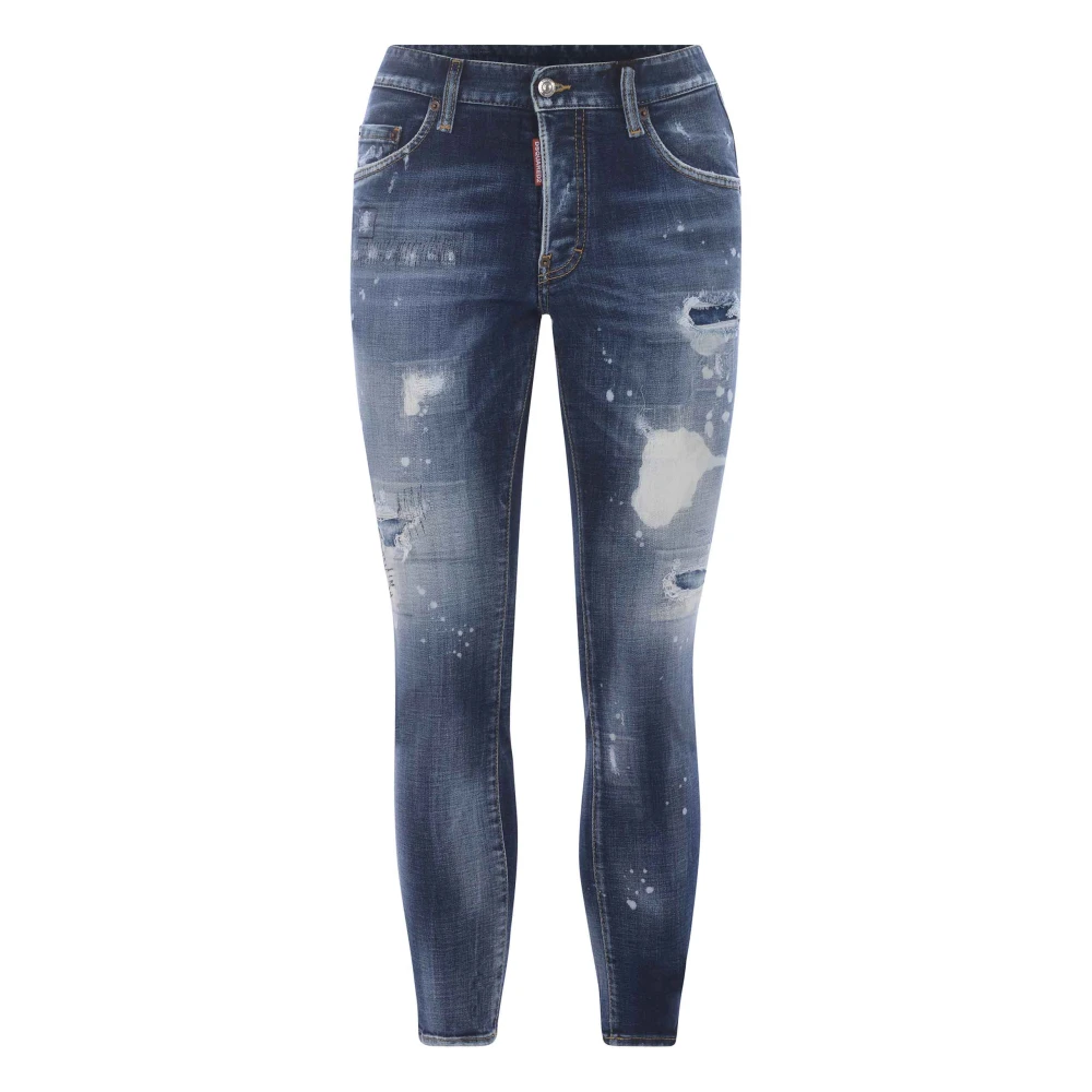 Dsquared2 Blue Skinny Fit Jeans, Male, Xs, Dark Skinny Jeans With Paint Splatters And Distressed Details