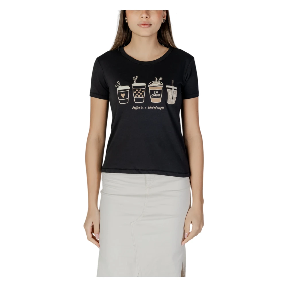 Jacqueline de Yong Zwart Bedrukt Katoenen T-Shirt Ronde Hals Black Dames