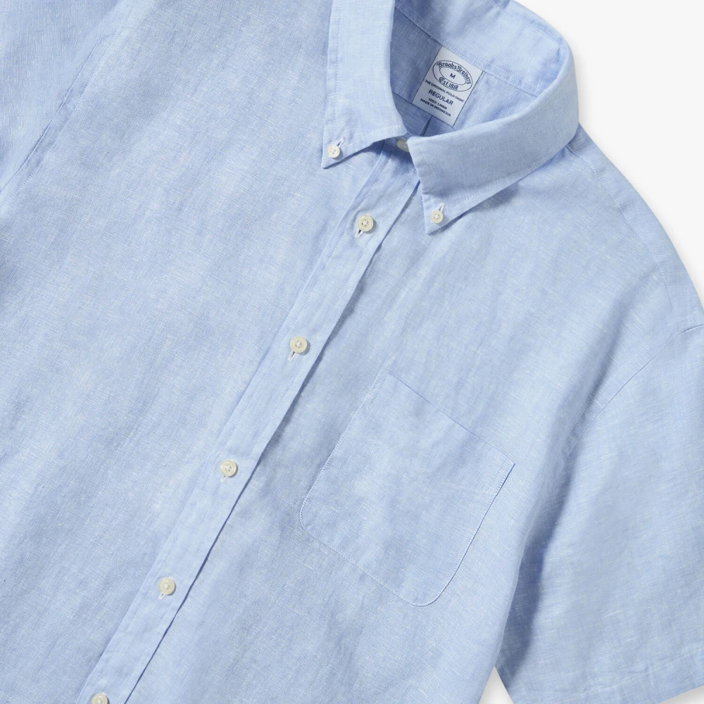 Brooks Brothers Lichtblauw linnen overhemd met korte mouwen regular fit en button-down kraag Blue Heren