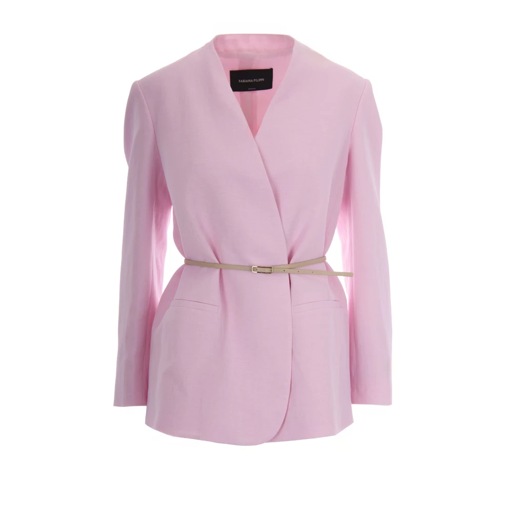 Fabiana Filippi Pink Blazers, Female, Xs, Fluido Di Lino E Viscosa Cinta In Pelle