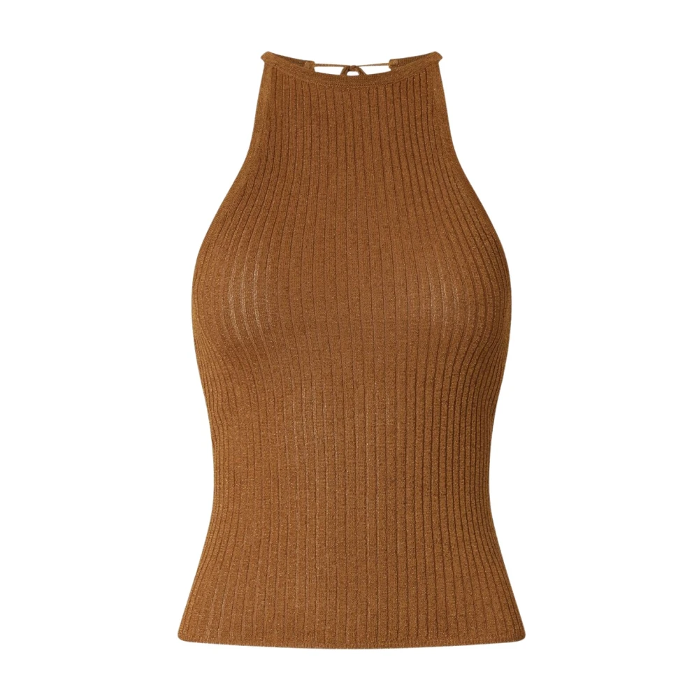 Pinko Women's Brown Sleeveless Tops, M, Tie Ribbed Top