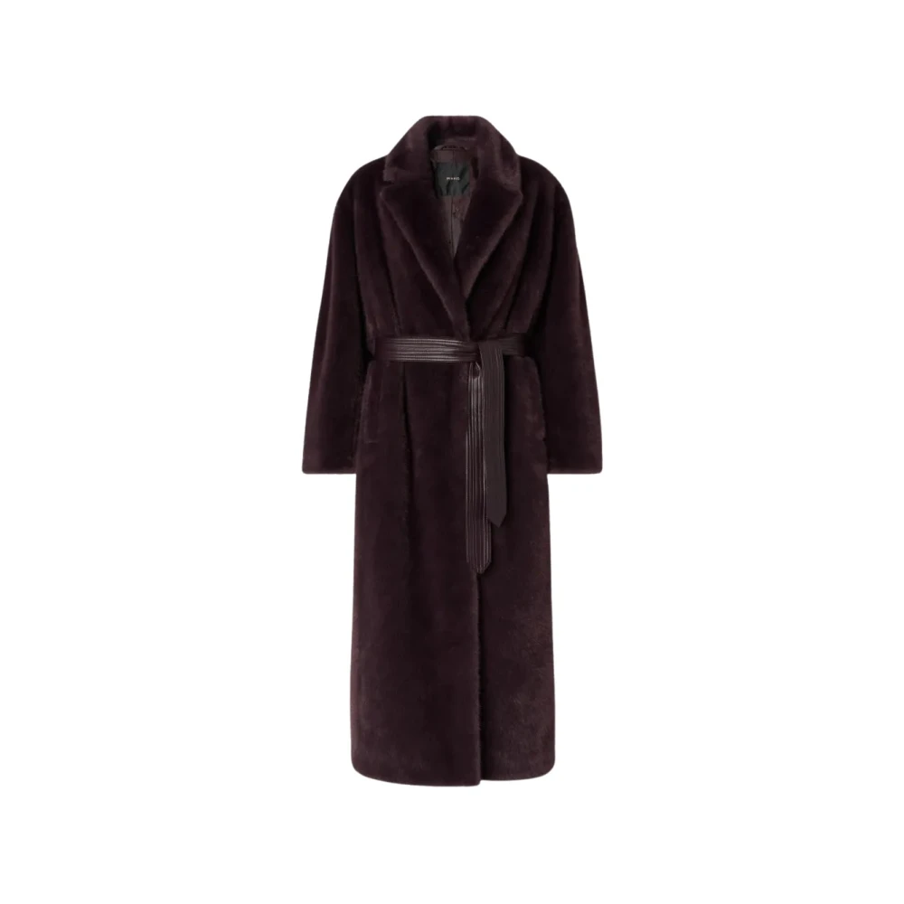 Pinko Donna Marrone Cappotto Lungo Effetto Pelliccia Con Cintura - Immagine 3