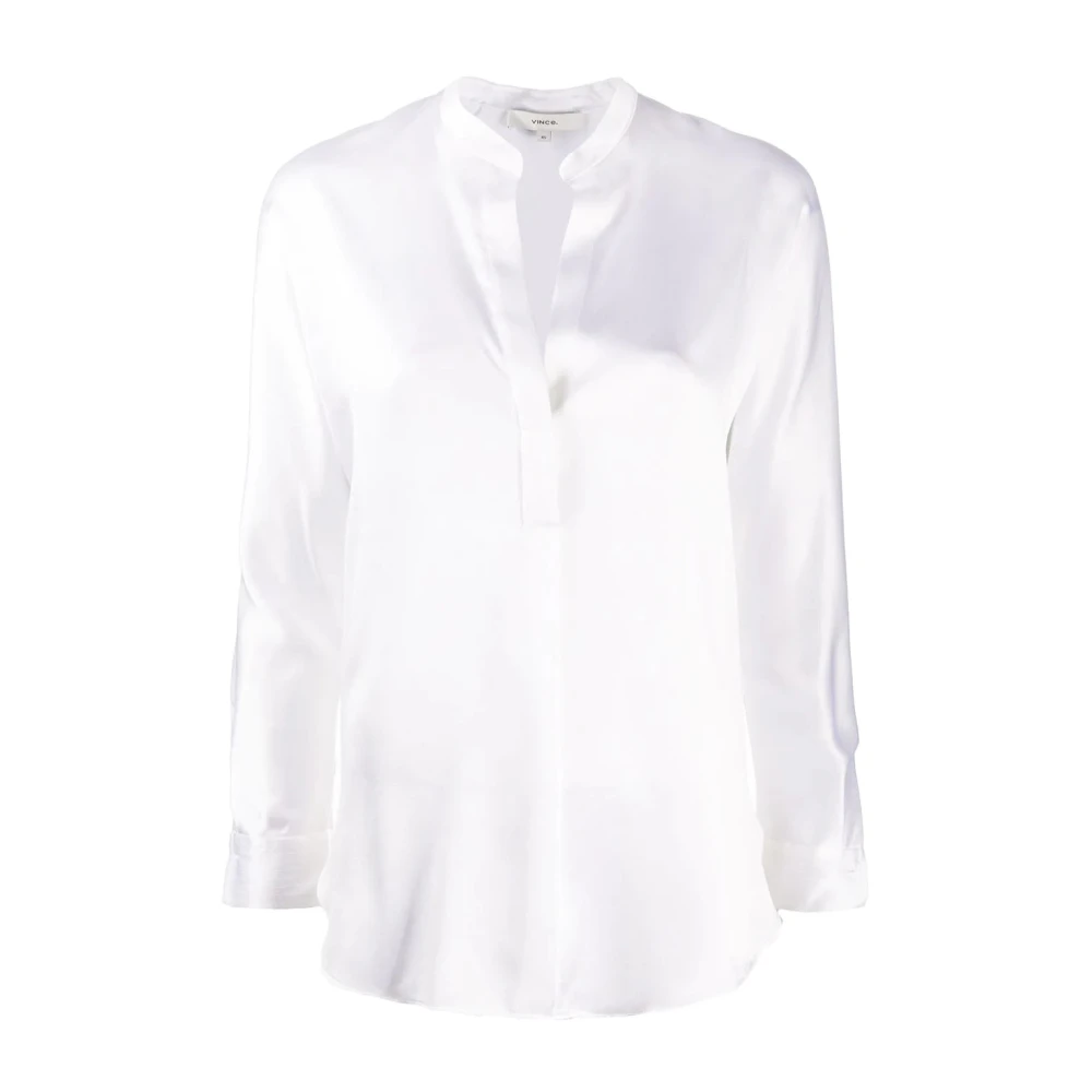 Vince Women's White Blouses, Xs, Silk Satin Band-Collar Blouse