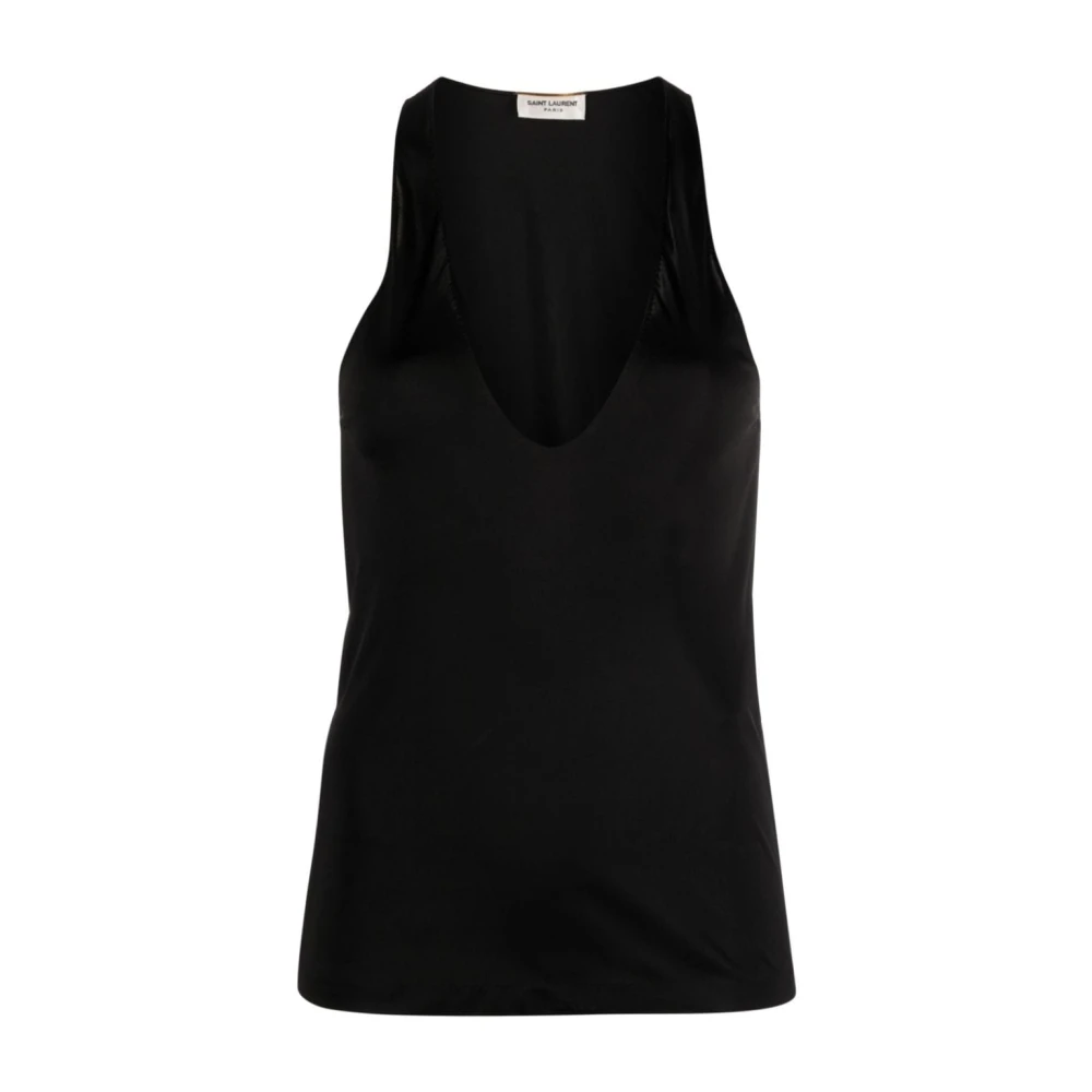 Saint Laurent Zwarte Semi-Transparante Jersey U-Hals Top in Zwart Black Dames