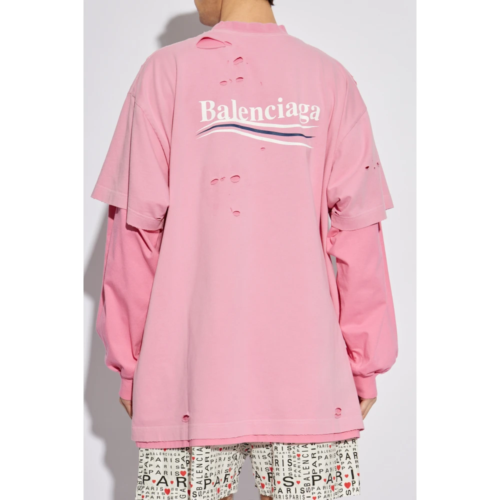 Balenciaga Destroyed Layered T-shirt met Lange Mouwen Pink Heren