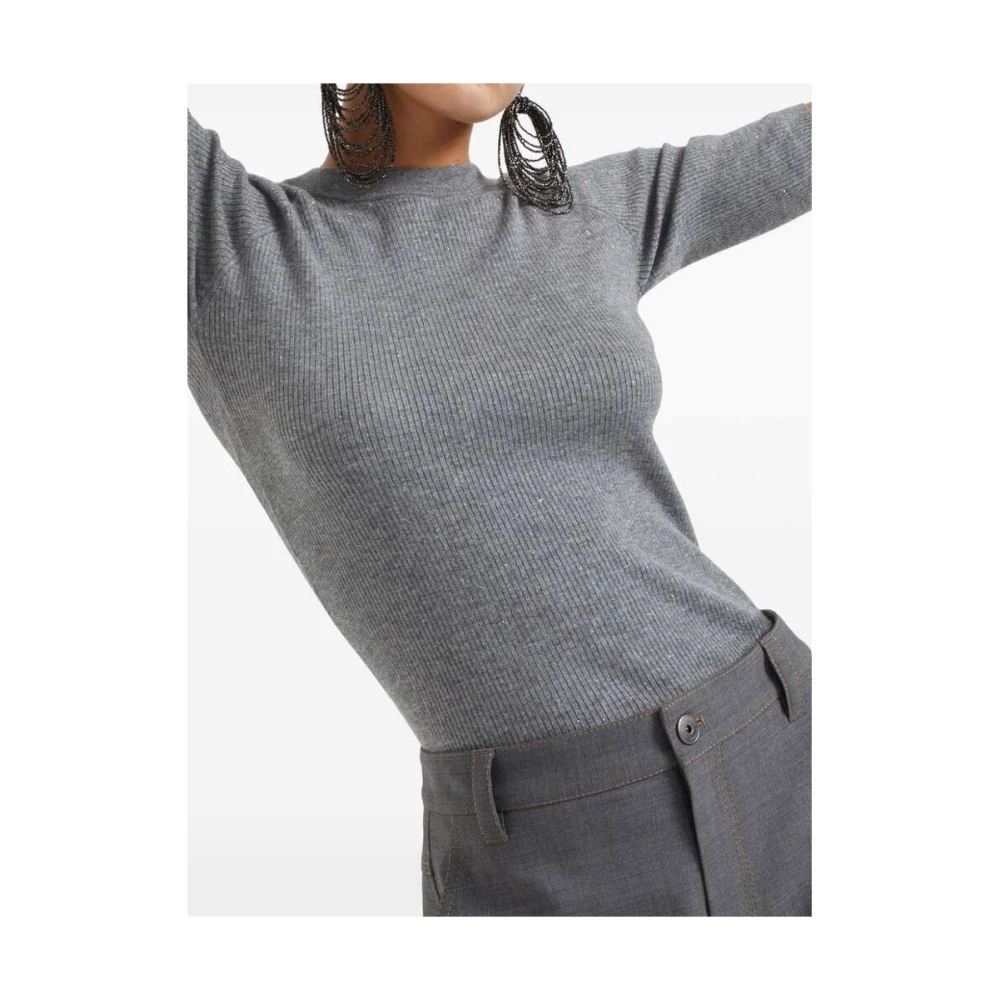 BRUNELLO CUCINELLI Grijze Geribbelde Trui Met Ronde Hals Gray Dames