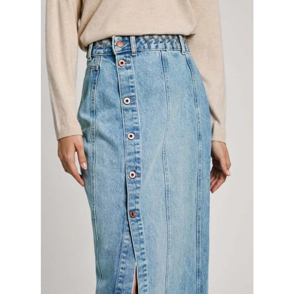 Pepe Jeans Denim Midi Rok met Borduursel Blue Dames