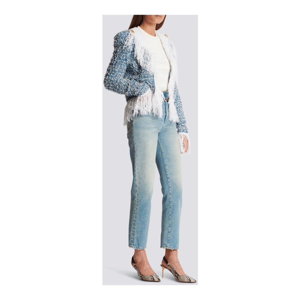 Balmain Franje denim tweed jasje Blue Dames