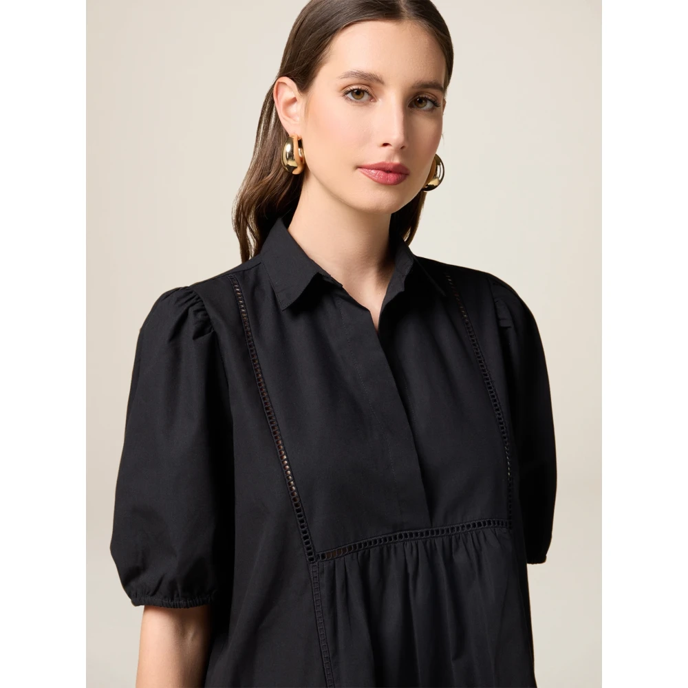Oltre Korte Katoenen Jurk met Ajour Detail Black Dames