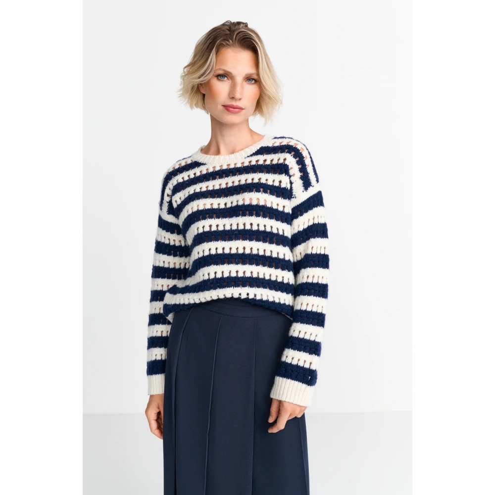 Rich & Royal Gestreepte Ajour Crew Neck Sweater Blue Dames