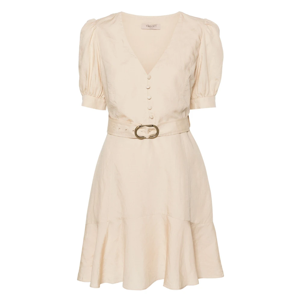 Twinset Women's Beige Short Dresses, S, Elegant Linen Mini Dress