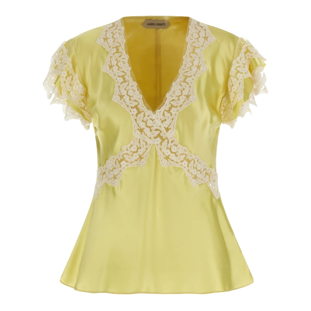 Alberta Ferretti Women's Yellow Blouses, M, Satin Top With Lace Inserts