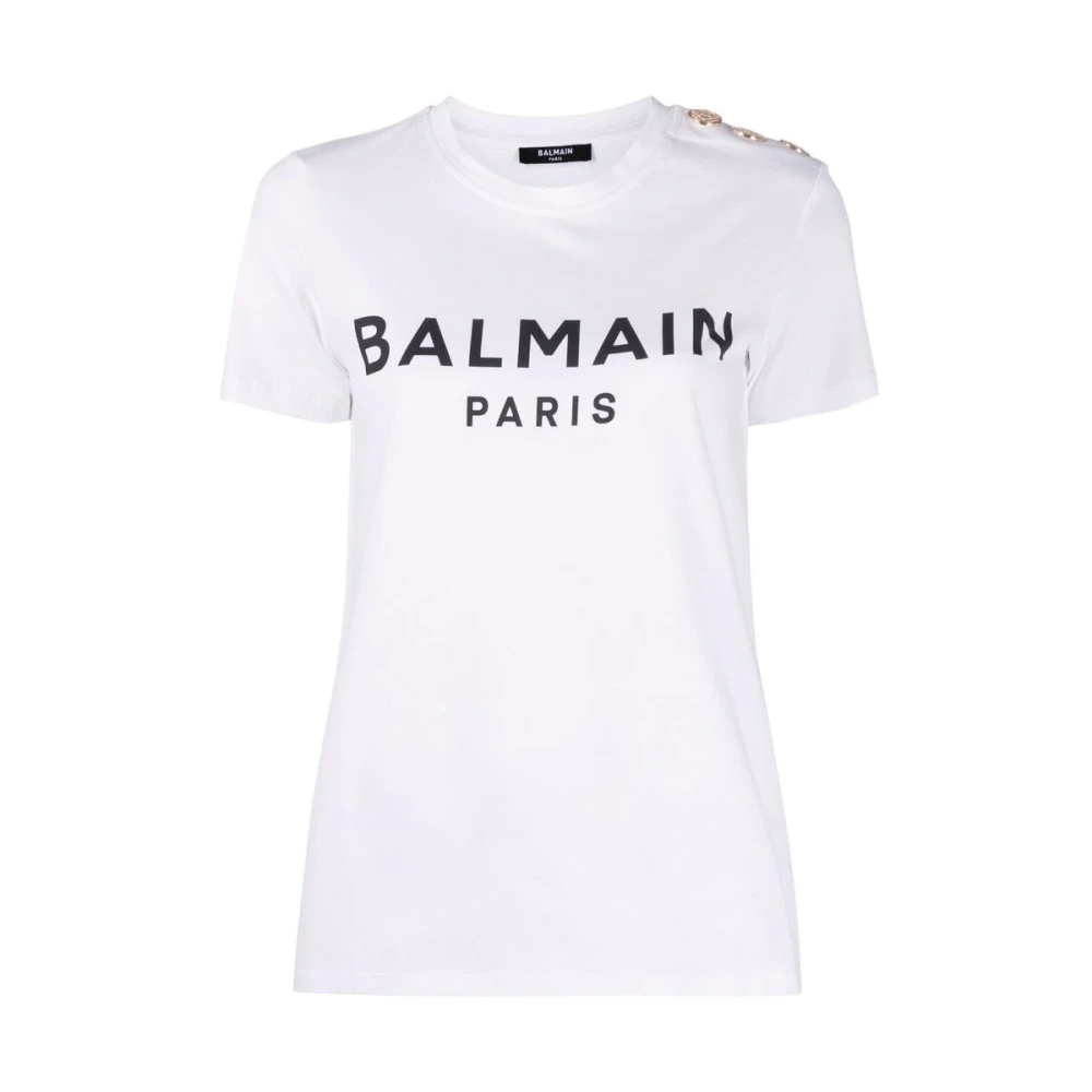 Balmain Logo T-Shirt met knoopversiering White Dames