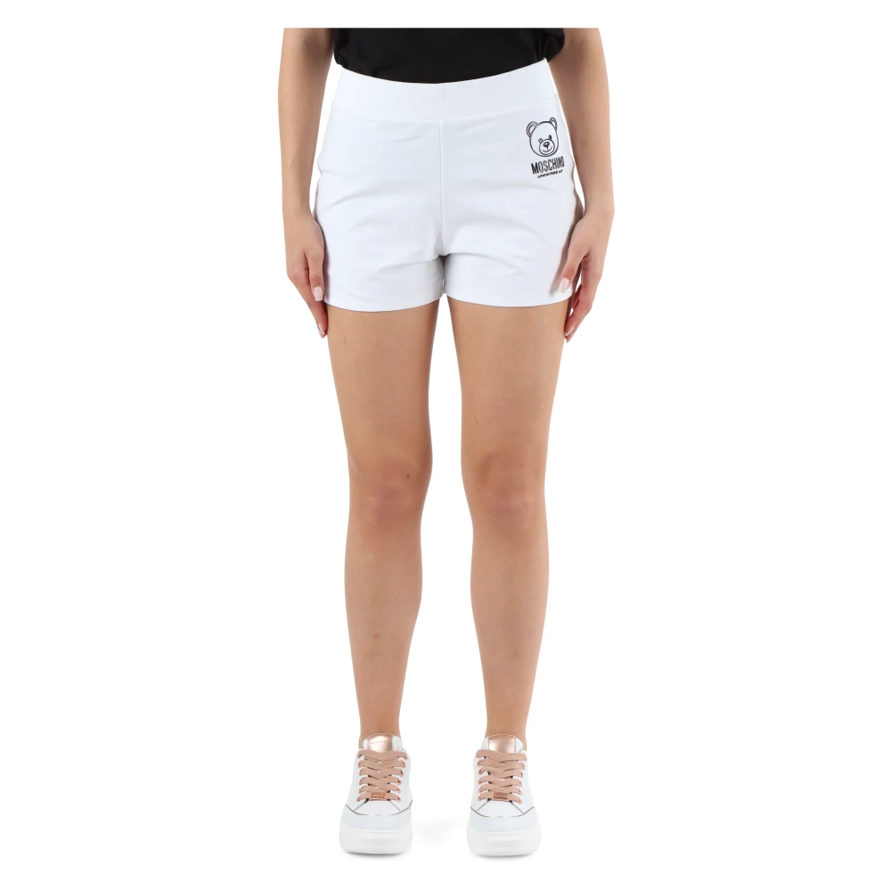 Moschino Stretch Katoen Logo Print Sportieve Shorts White Dames