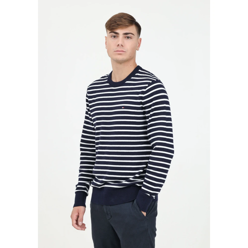 Tommy Hilfiger Blauwe Crew Neck Sweater met Gestreept Motief Multicolor Heren