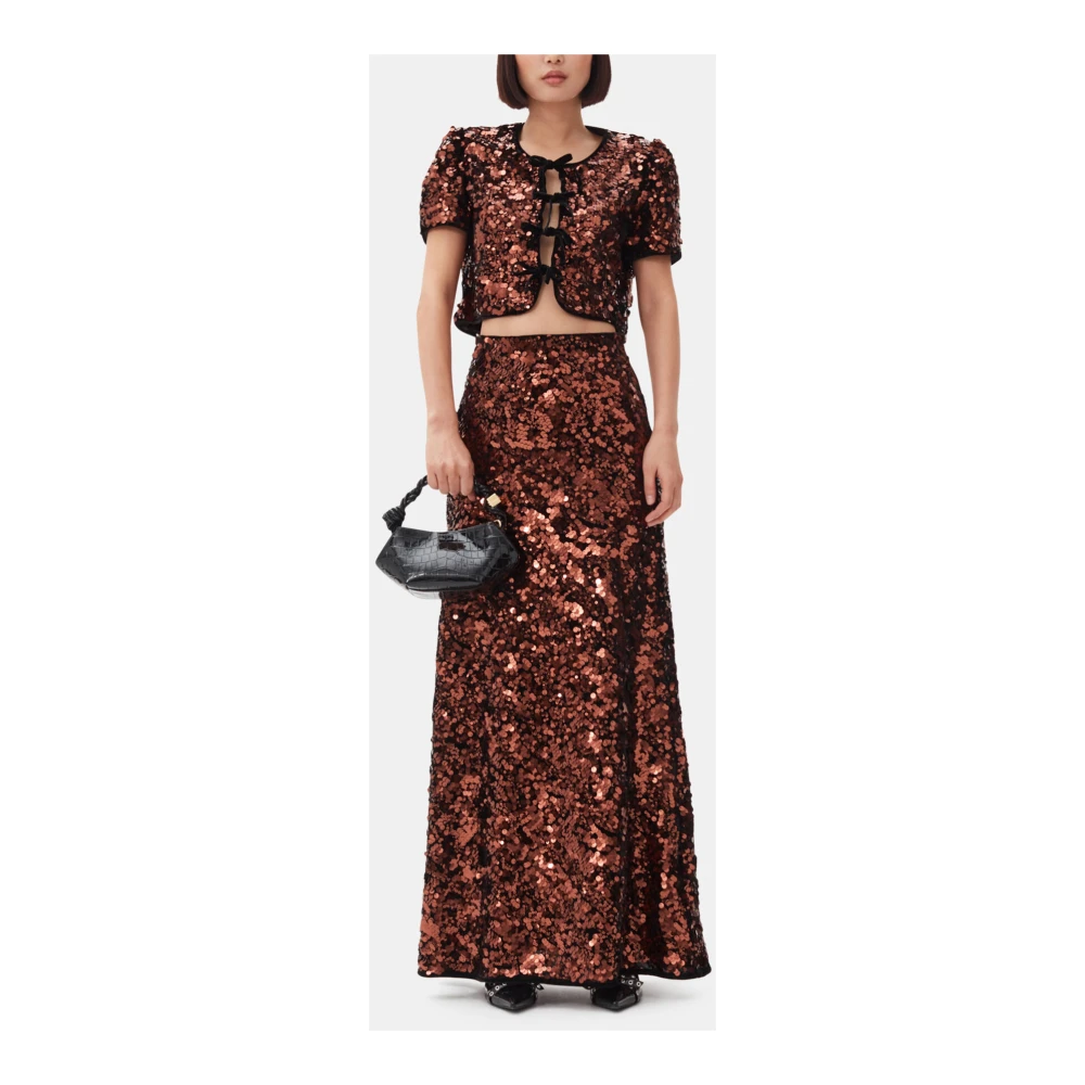 Ganni Bruin Fluweel Lint Korte Mouw Shirt Brown Dames
